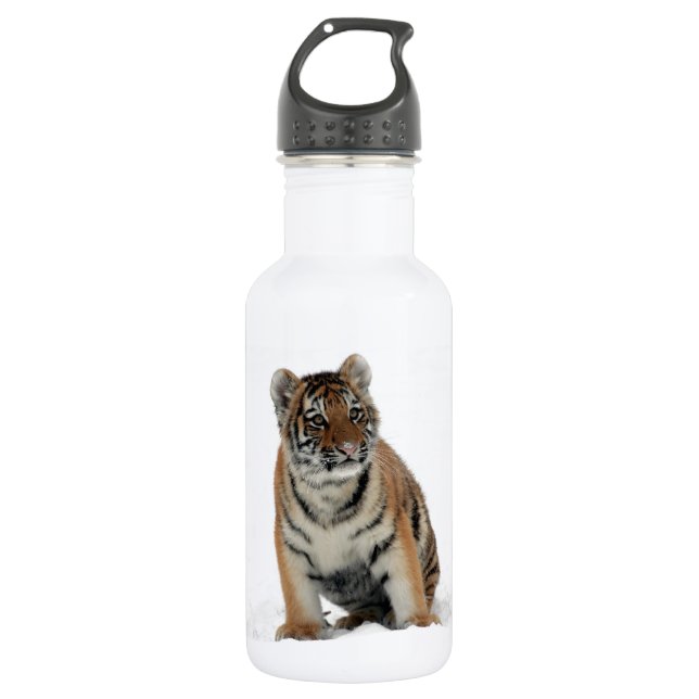 Tiger Cub in the Snow Photograph Stainless Steel Water Bottle (Front)