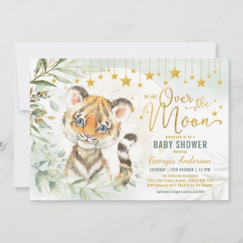 Tiger Cub Moon  Stars Greenery Baby Shower  Invitation