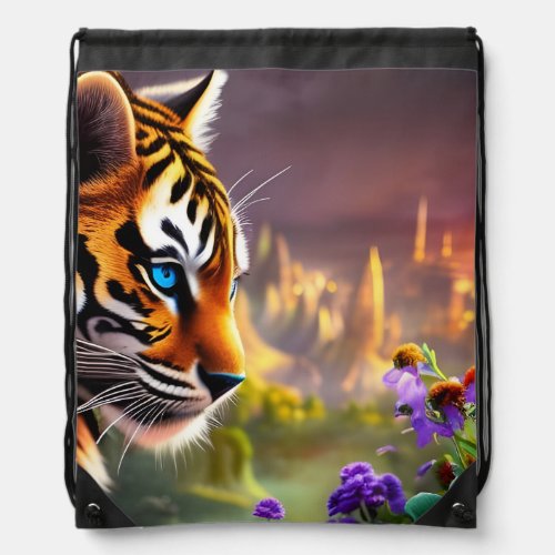 Tiger Cub  Purple Flowers   Drawstring Bag