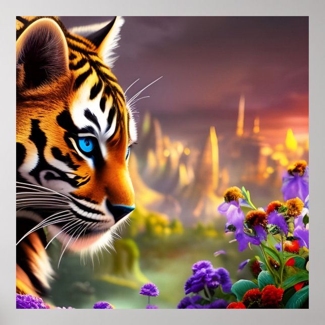 Tiger Cub,  Purple Flowers Poster (Front)