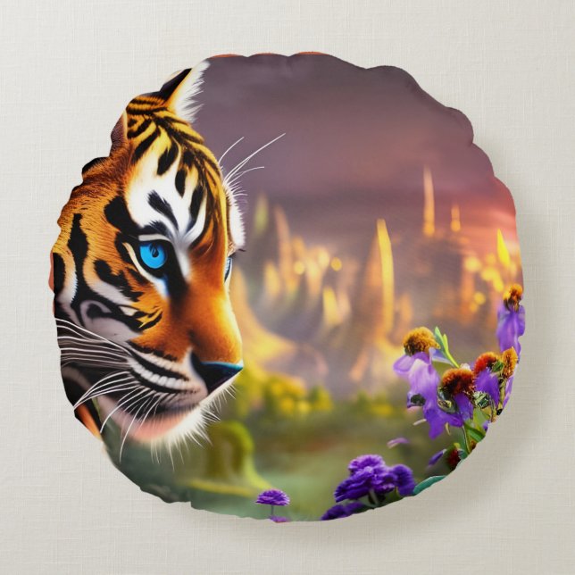 Tiger Cub,  Purple Flowers   Round Pillow (Front)