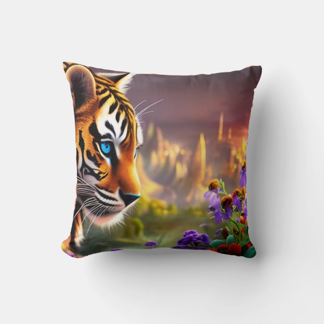 Tiger Cub,  Purple Flowers    Throw Pillow (Front)