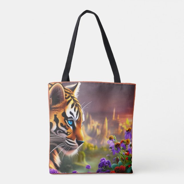 Tiger Cub,  Purple Flowers    Tote Bag (Back)