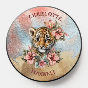 Tiger Cub Tropical Hibiscus Floral Monogram Name PopSocket