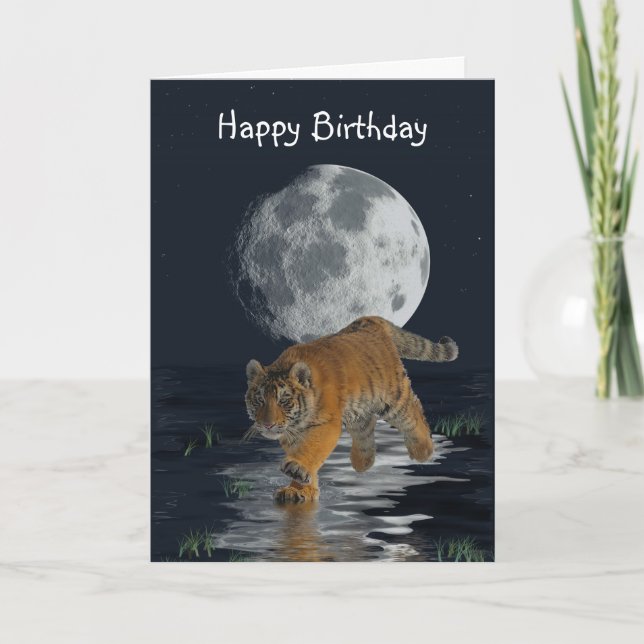 Tiger Cub Wild-Cat Full Moon Fantasy Birthday Card (Front)