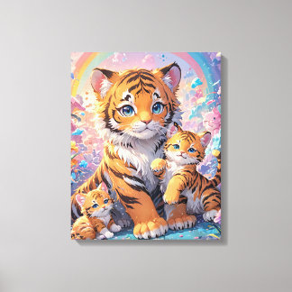 Tiger & Cubs Animated Cute Pastel Canvas Print
