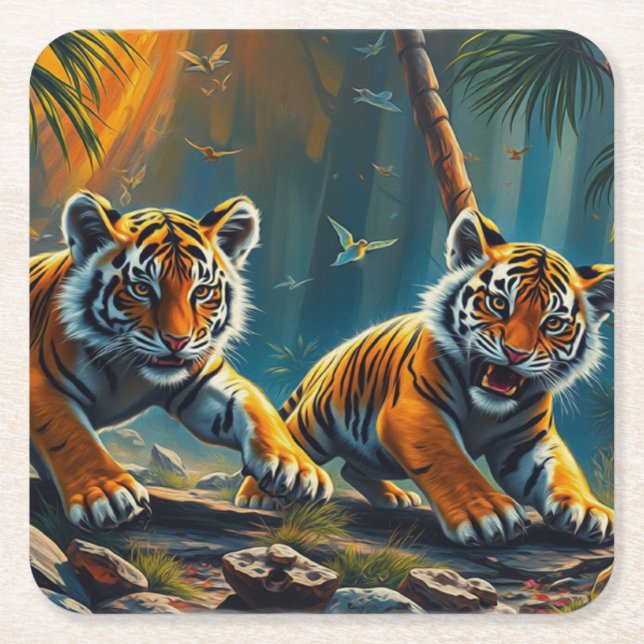 Tiger Cubs in Magical Jungle Square Paper Coaster (Front)