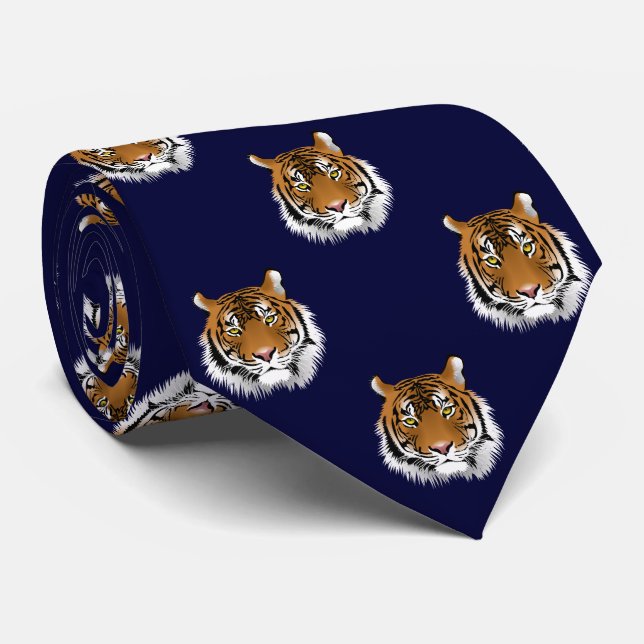 Tiger Dark Navy Blue Background Neck Tie (Rolled)