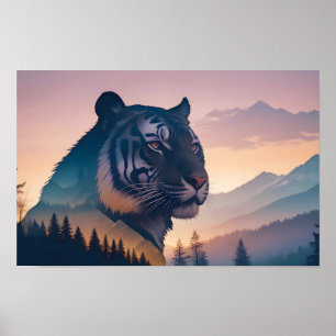 Tiger Double Exposure Animal Nature Wilderness Out Poster