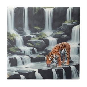 Tiger Drinking at Waterfall Ceramic Tile