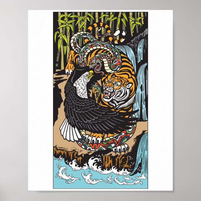 Tiger, Eagle and Snake fighting. Graphic art Poster (Front)