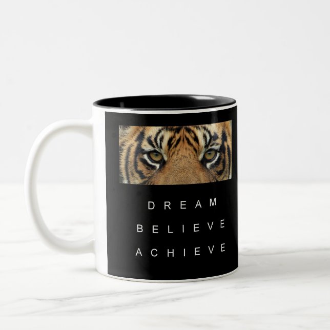 Tiger Eye Motivational Quote Black And White Two-Tone Coffee Mug (Left)