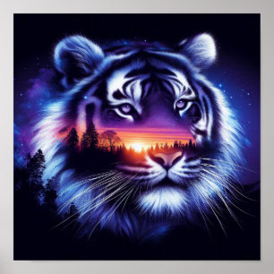 Tiger Face and Scenic Sunset Landscape Poster