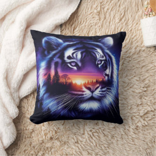 Tiger Face and Scenic Sunset Landscape Throw Pillow