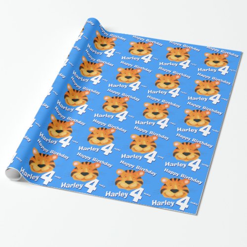 Tiger face art and name blue 4th birthday wrap wrapping paper