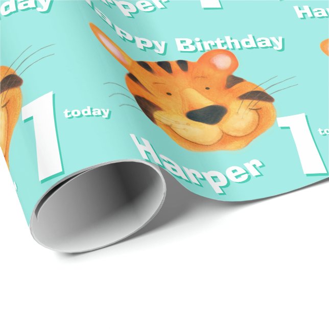 Tiger face art name 1st birthday wrap wrapping paper (Roll Corner)