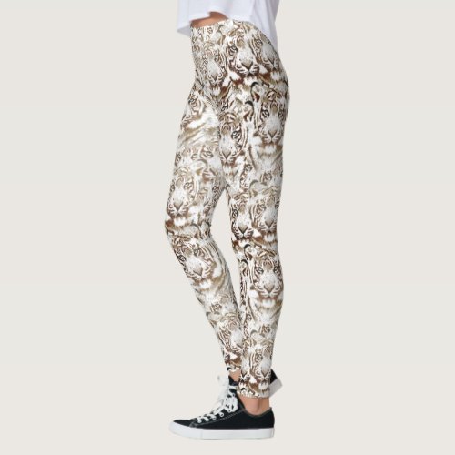 Tiger Face Design White and Brown Leggings