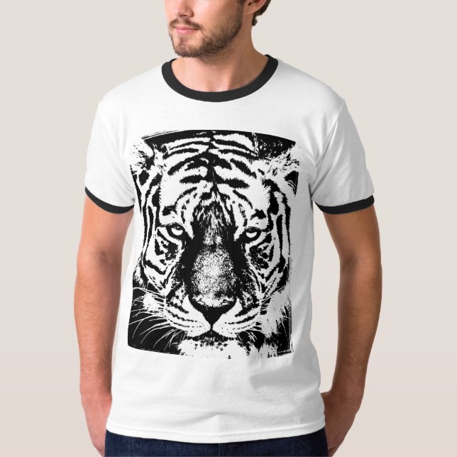 Tiger Face Mens Basic Ringer Black & White T-Shirt (Front)