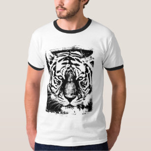 Tiger Face Mens Modern Basic Ringer Black White T-Shirt