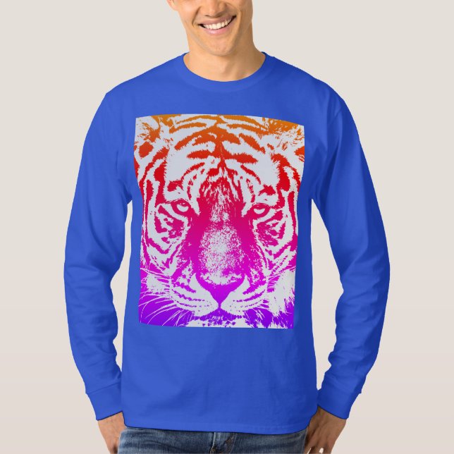 Tiger Face Mens Modern Long Sleeve Deep Royal Blue T-Shirt (Front)