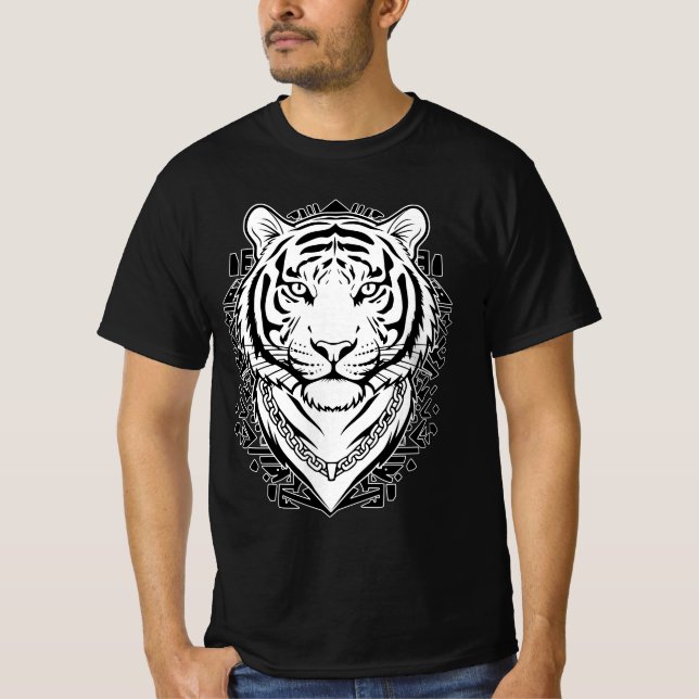 Tiger Face Minimalist Line Art Black and White T-Shirt (Front)