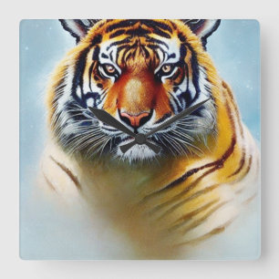 Tiger Face Painting - Striking Wildlife Artwork Square Wall Clock