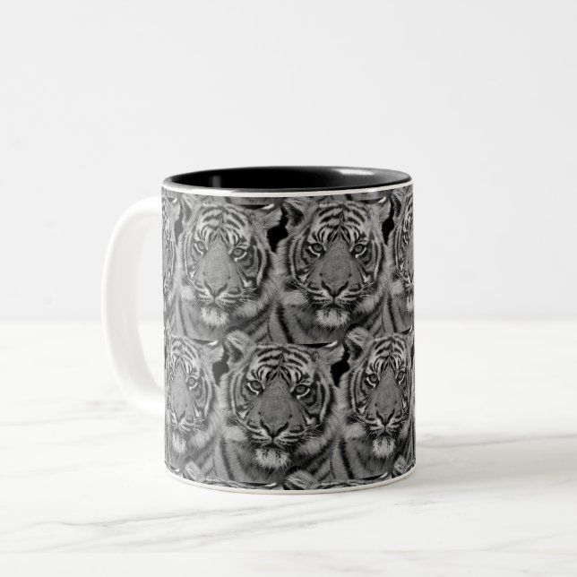 Tiger Face Pattern in Gray Shades Two-Tone Coffee Mug (Front Left)