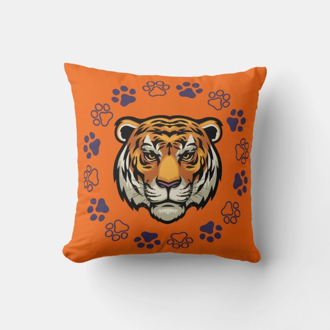 Tiger Face Throw Pillow Orange Blue (Front)