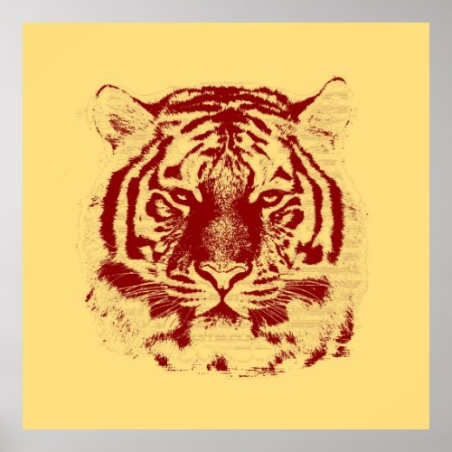 Tiger Face Vintage Red and Yellow Poster