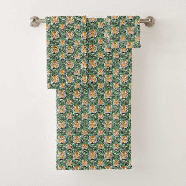 Tiger Face with Jungle Leaves Bath Towel Set (Insitu)