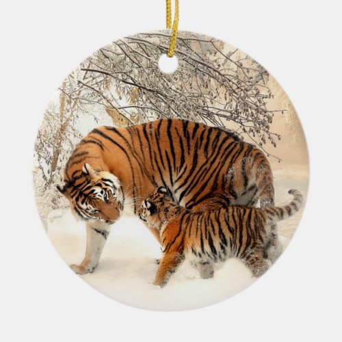 Tiger family in winter ceramic ornament