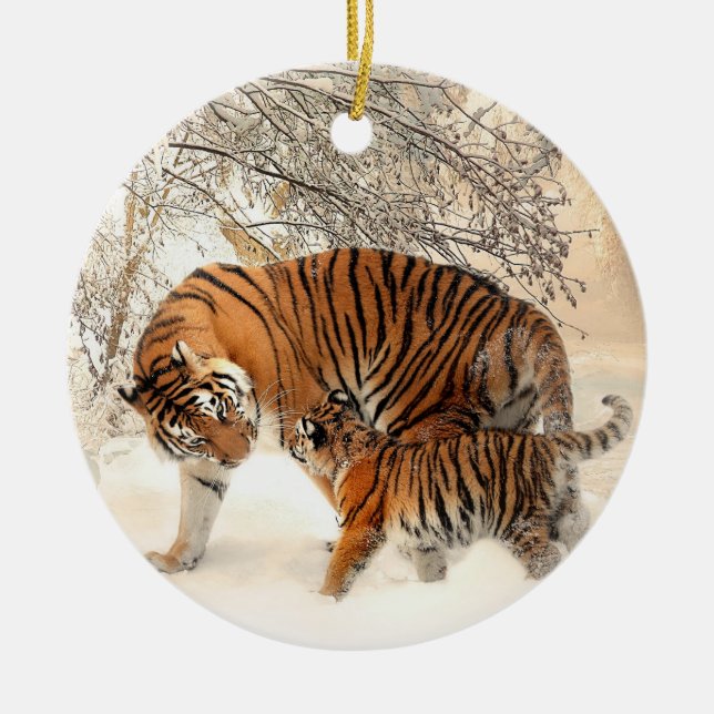 Tiger family in winter ceramic ornament (Front)