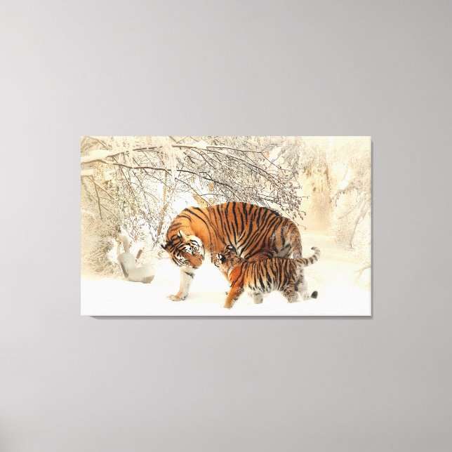 Tiger Family in Winter Landscape Canvas Print (Front)