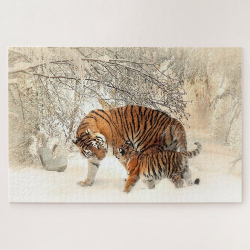 Tiger Family in Winter Landscape Jigsaw Puzzle