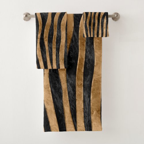 Tiger Faux Fur Texture black abalone and gold Bath Towel Set