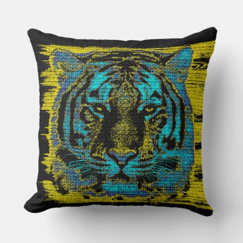 Tiger Fine Art on Burlap Rustic Jute 5 Throw Pillow