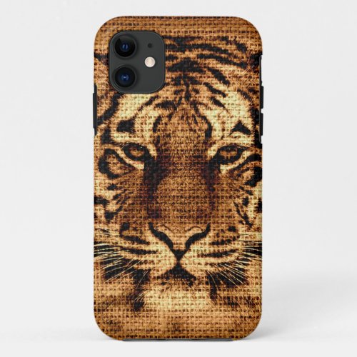 Tiger Fine Art on Burlap Rustic Jute iPhone 11 Case