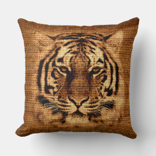 Tiger Fine Art on Burlap Rustic Jute Throw Pillow