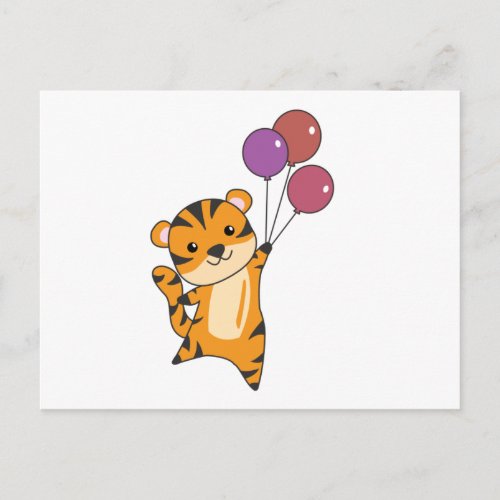 Tiger Flies With Balloons Sweet Animals kids Postcard