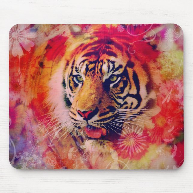 Tiger Floral Digital Art Mouse Pad (Front)