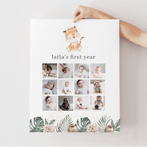 Tiger Floral Greenery 1st Birthday Photo Collage Poster