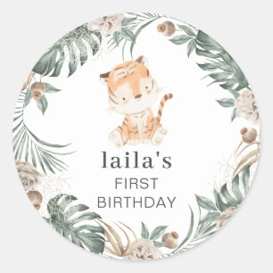 Tiger Floral Greenery Round Classic Round Sticker