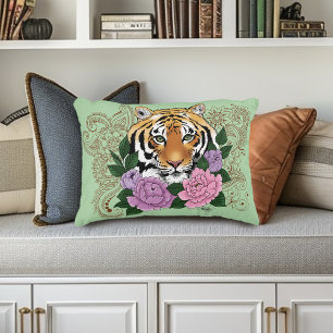 Tiger Floral Henna Botanical Flowers Green Accent Pillow