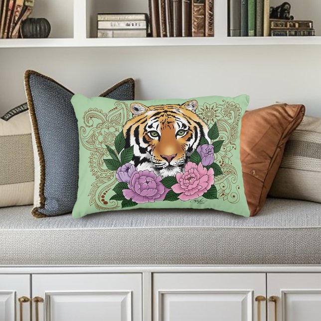 Tiger Floral Henna Botanical Flowers Green Accent Pillow (Creator Uploaded)