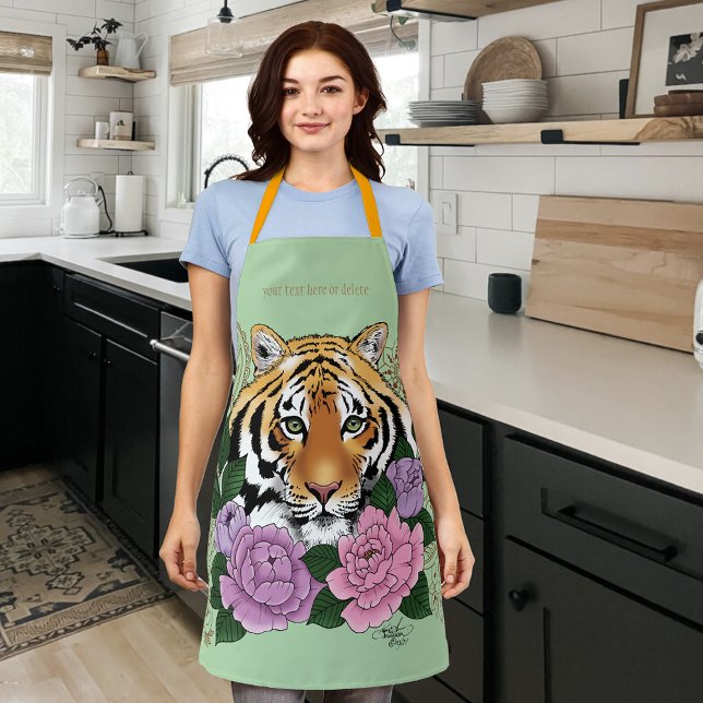 Tiger Floral Henna Botanical Flowers Green Apron (Creator Uploaded)