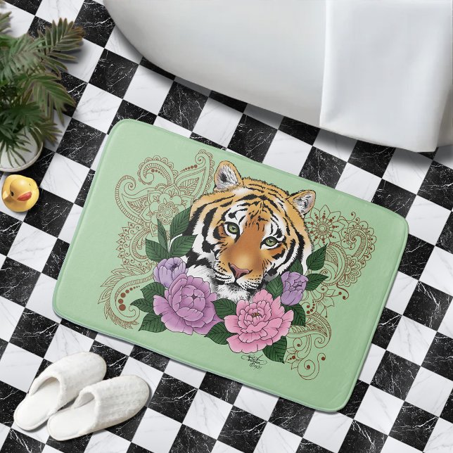 Tiger Floral Henna Botanical Flowers Green Bath Mat (Creator Uploaded)
