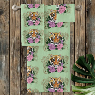 Tiger Floral Henna Botanical Flowers Green Bath Towel Set