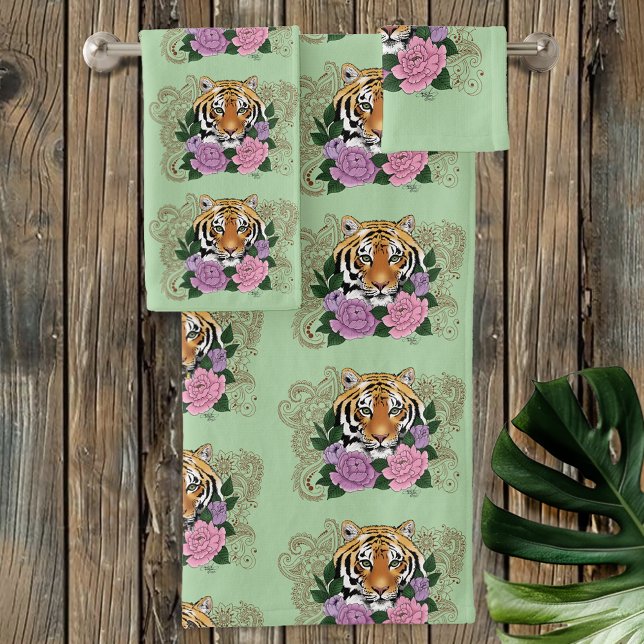 Tiger Floral Henna Botanical Flowers Green Bath Towel Set (Creator Uploaded)