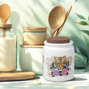 Tiger Floral Henna Botanical Flowers Green Candy Jar