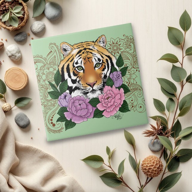Tiger Floral Henna Botanical Flowers Green Ceramic Tile (Creator Uploaded)